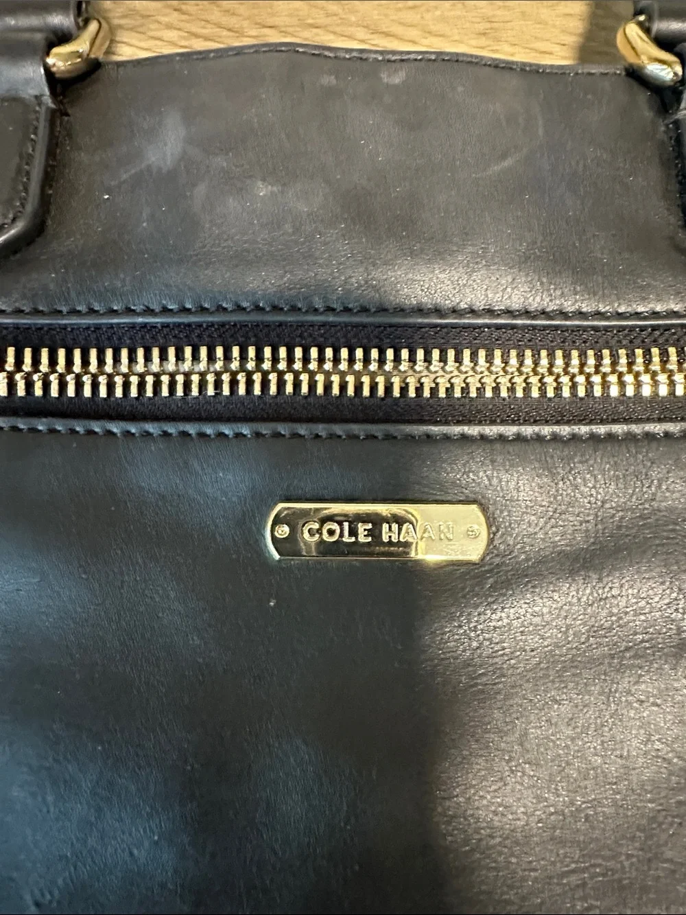 Cole Haan Black Leather Brief Tote with Front Zip Pocket